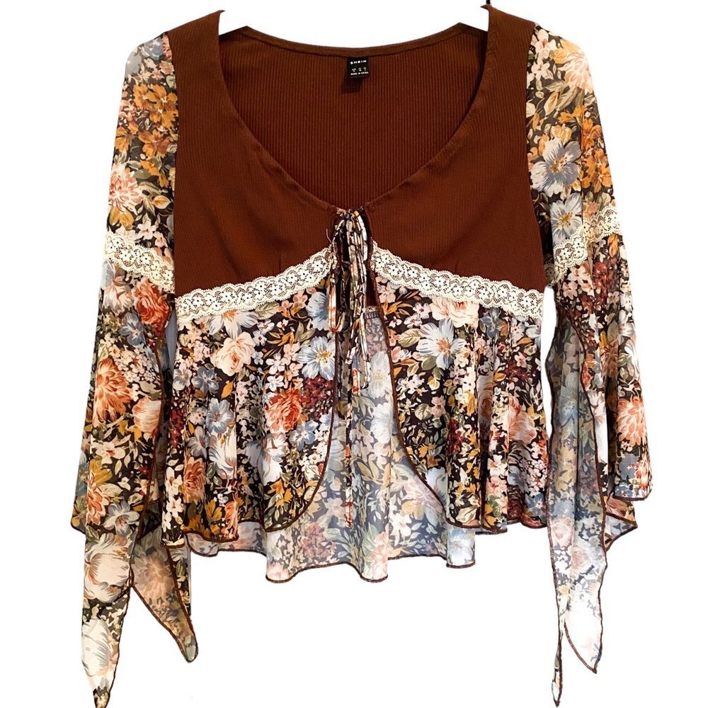 SHEIN Brown Floral Lace Long Sleeve Boho Open Front Blouse Top Size 6 Top